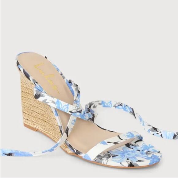 NEW Lulu’s Gulee Blue Floral Lace Up Espadrille Wedge Sandal Size 11 - Picture 4 of 14